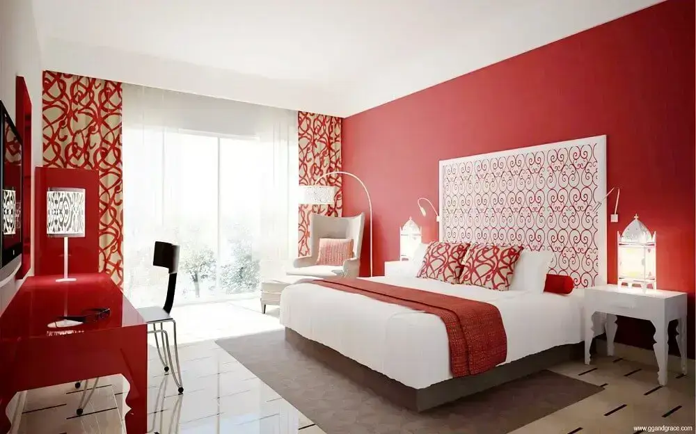 decoração quarto vermelho com cortina estampada - Foto Home Design