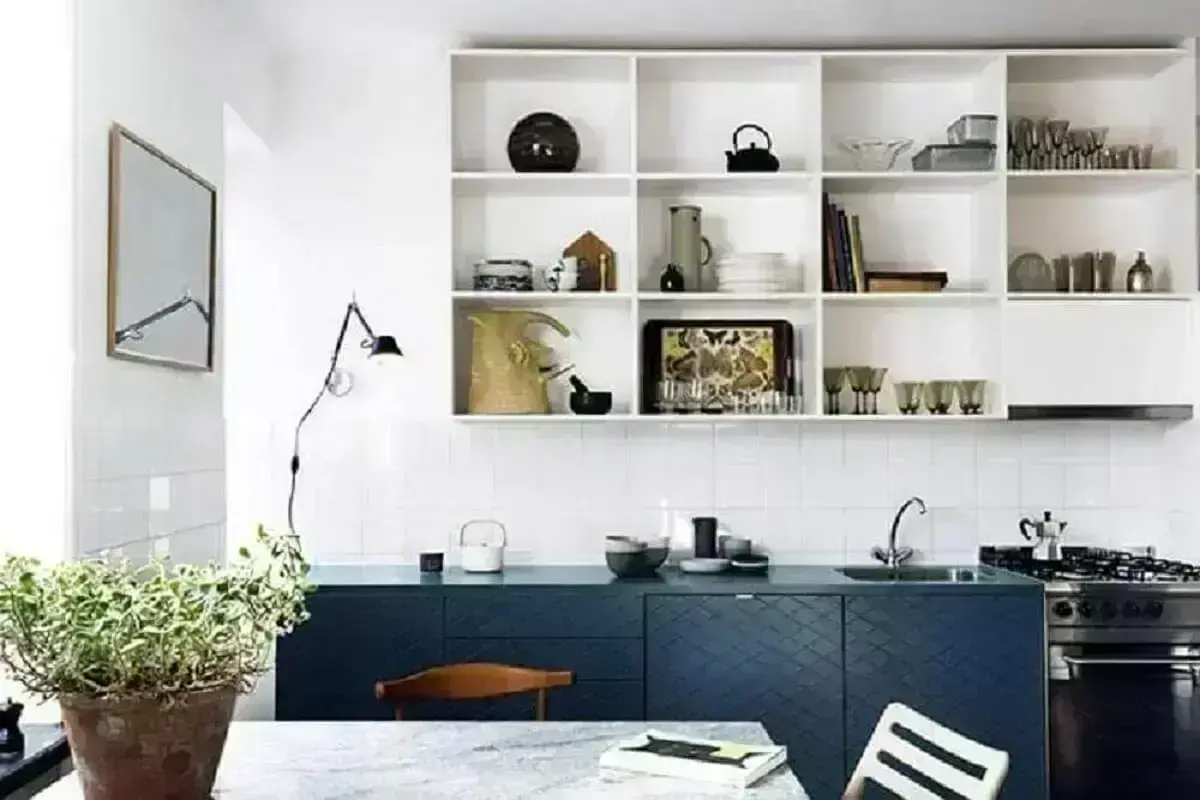nichos para decoração de cozinha azul e branca