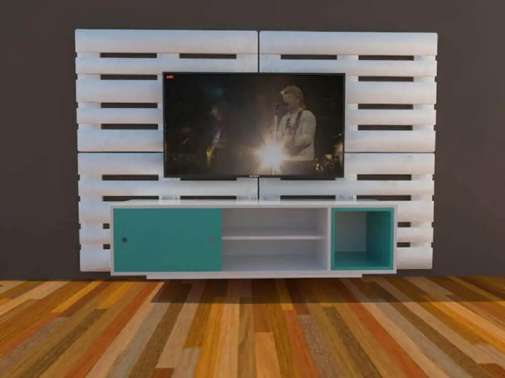 painel para TV de pallet pintado de branco com rack retrô 