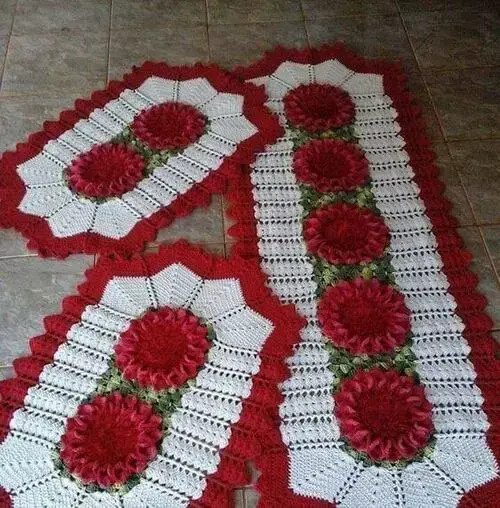 tapete de crochê para cozinha - tapetes vermelhos com flores grandes 