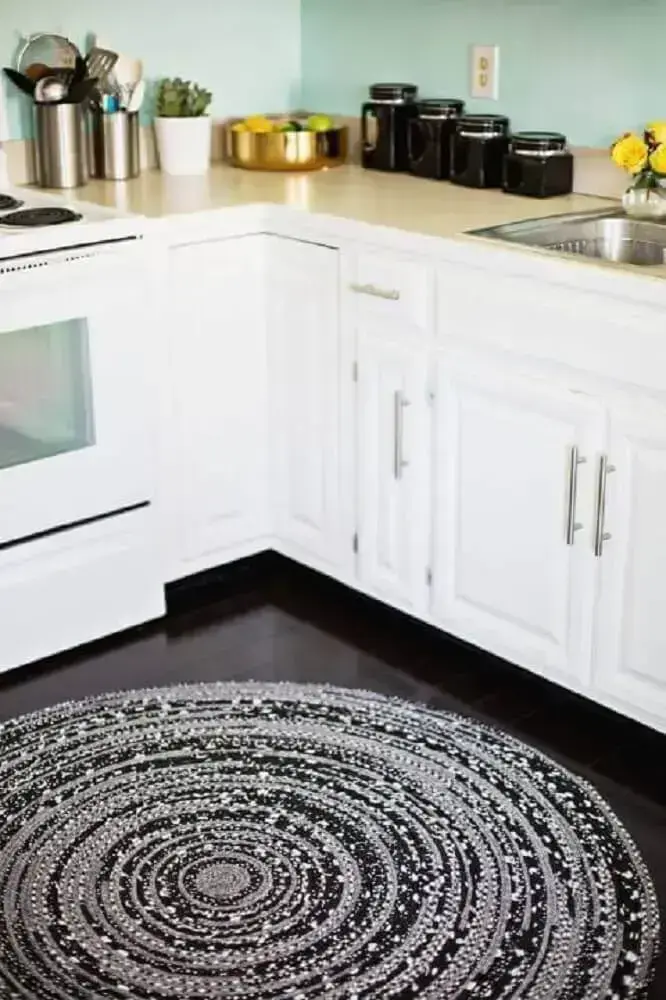 Tapete de crochê para cozinha redondo grande preto e cinza Foto Home Decoo
