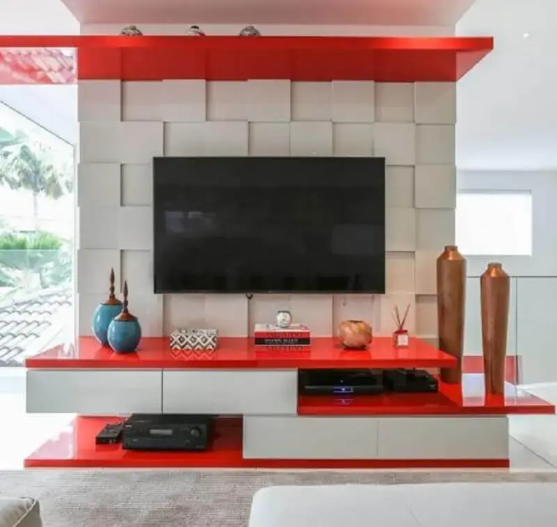 decoração com móveis laqueados para sala de estar com painel 3D Foto Denise Fernandes