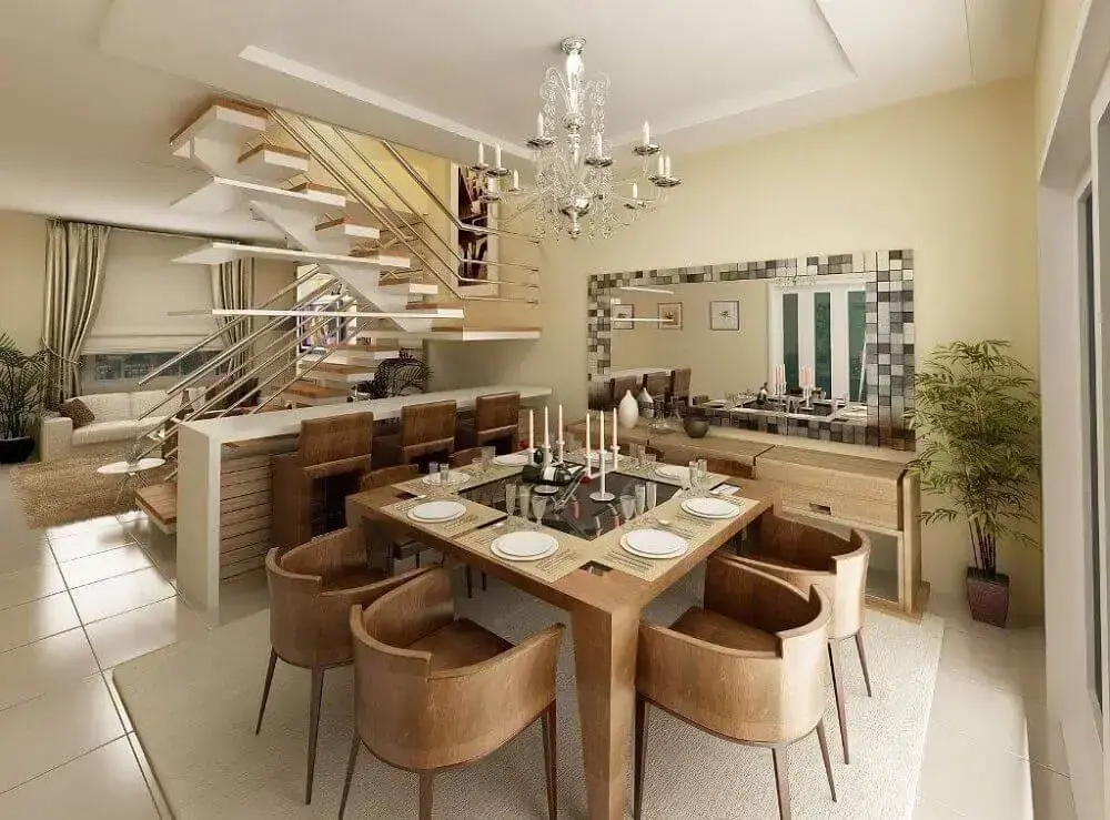 decoração em tons de bege com cadeiras modernas para sala de jantar com mesa quadrada Foto Pruzak