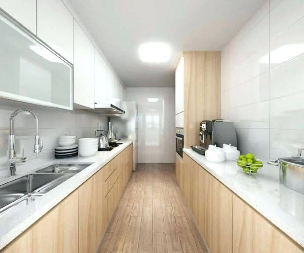 decoração neutra com armário de cozinha compacta de madeira e bancada branca Foto Cuisine