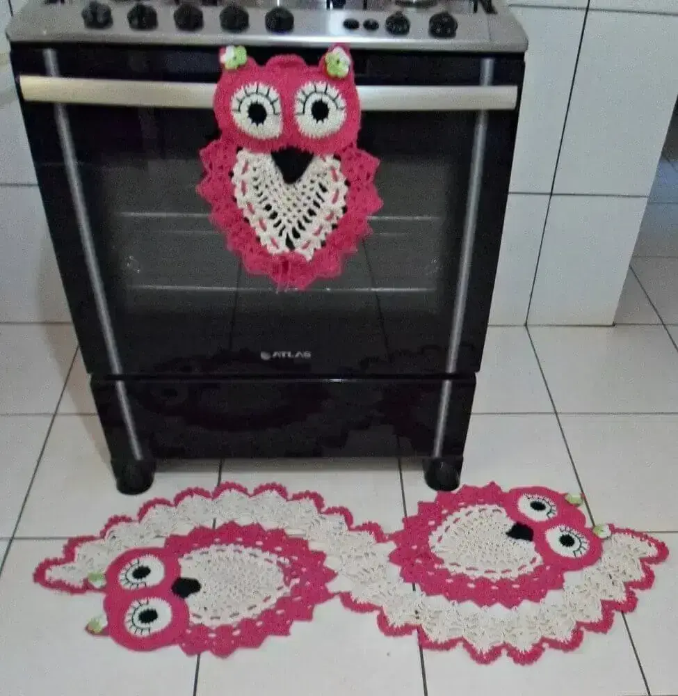 jogo de cozinha em crochê com estampa de coruja Foto Dani Novo Crochê