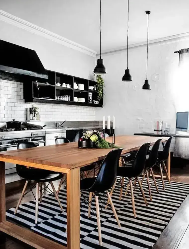 tapete de cozinha listrado para decoração de cozinha preta e branca Foto Lovingit