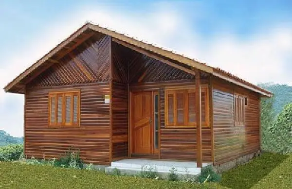 Casas pré-fabricadas de madeira com janelas e porta do mesmo material