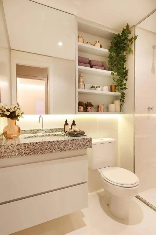 banheiro pequeno planejado com decoração em tons neutros e nichos embutidos Foto Bathroom Decoration