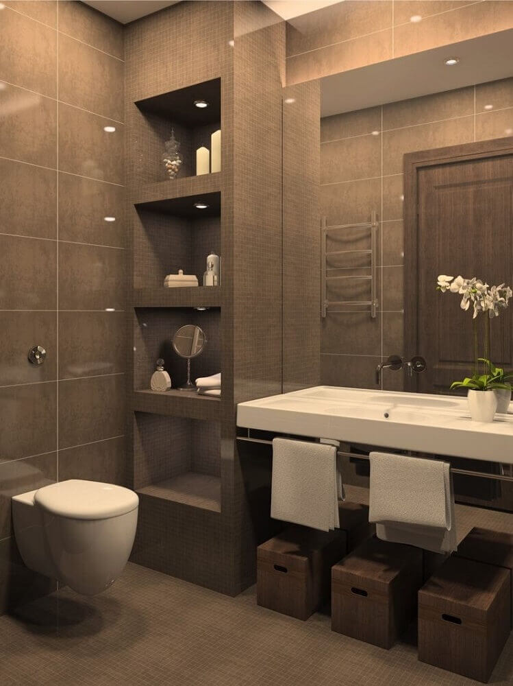 banheiro planejado moderno decorado em tons de cinza com nichos embutidos e bancada branca Foto Kitchen Decor