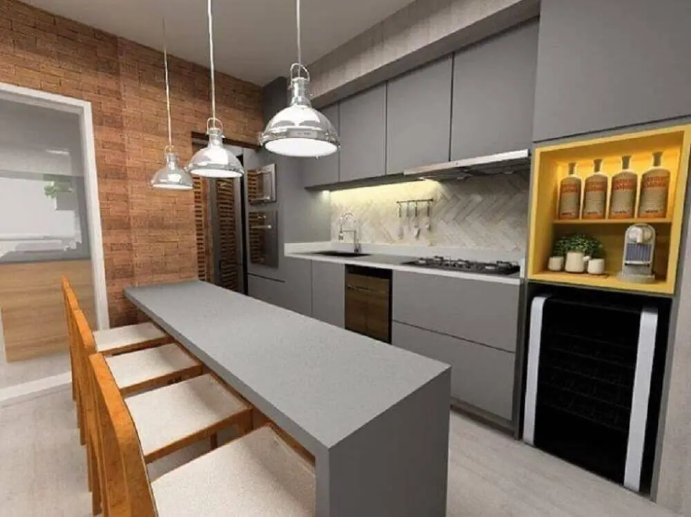 cozinha moderna decorada com parede de tijolinho e armário de cozinha planejado Foto SP Estudio Arquitetura e Interiores