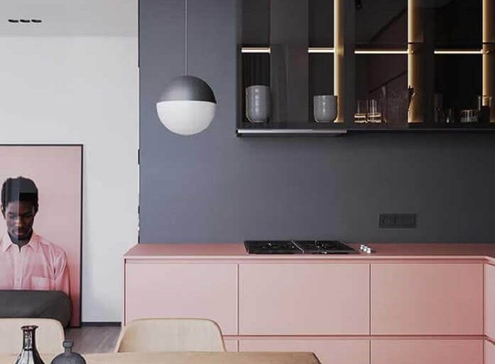 cozinha moderna decorada nas cores cinza e rosa IdeiasDecor