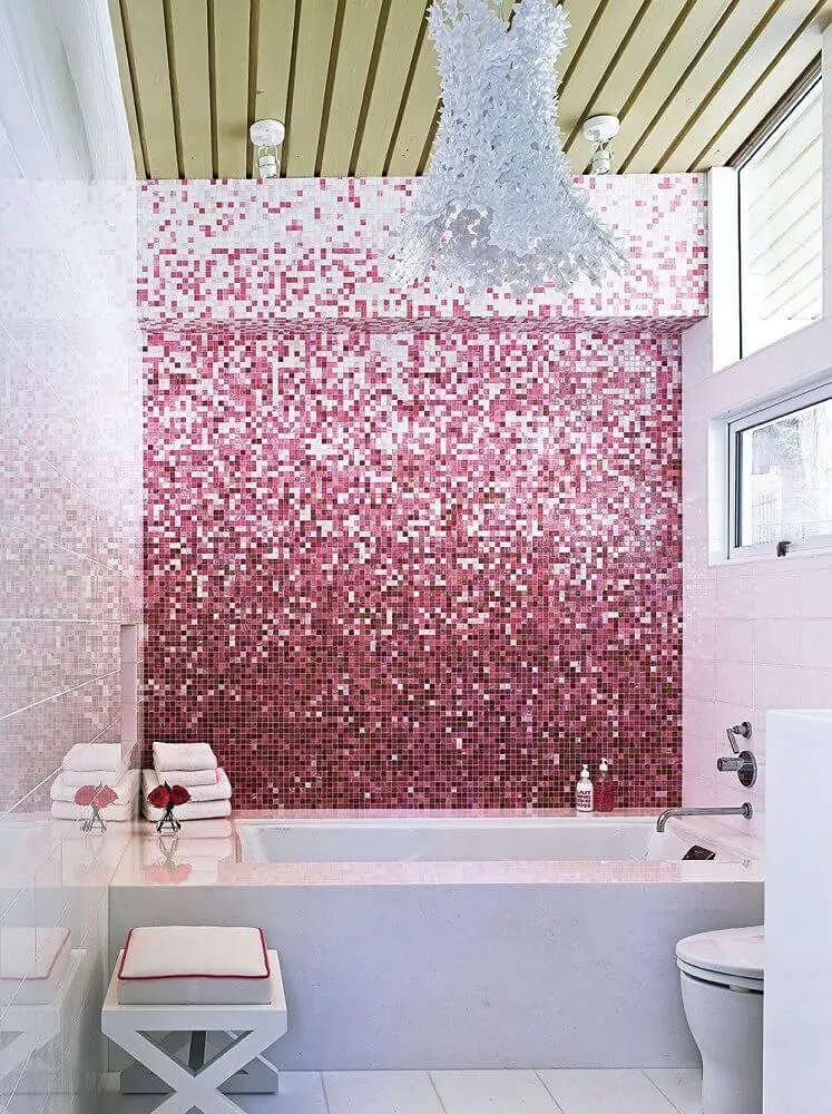 decoração clean para banheiro com pastilha em tons de rosa Foto Yandex