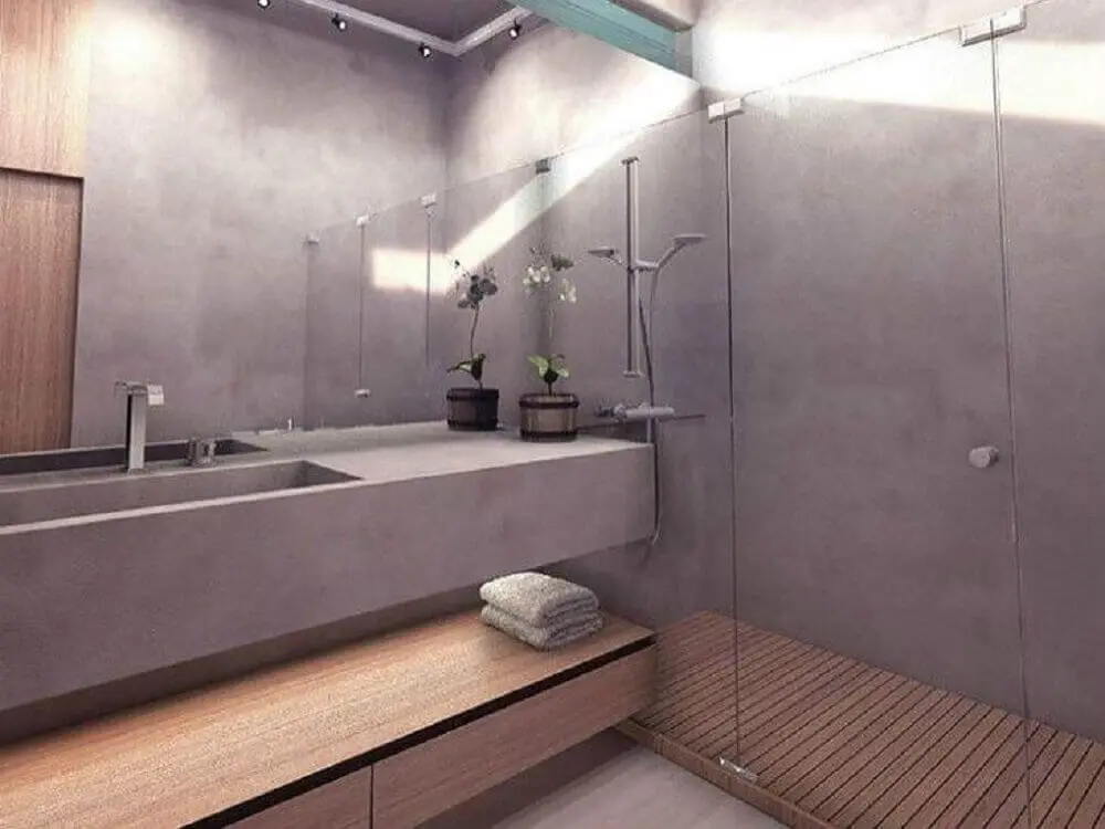 decoração para banheiro planejado moderno com cimento queimado Foto Poligonus Arquitetura