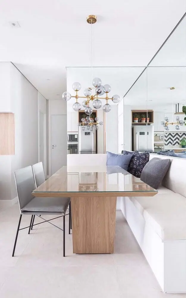 decoração para sala de jantar moderna com canto alemão e pendente minimalista Foto The Holk