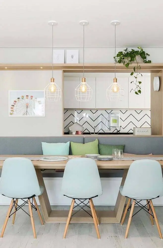 decoração sala de jantar moderna com tons pastéis Foto Interiola