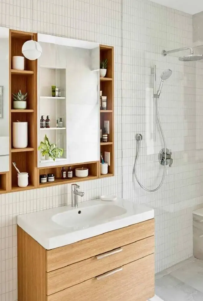 modelo de armário planejado para banheiro com decoração estilo escandinava Foto Pinterest
