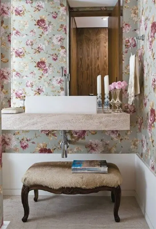 papel de parede floral romântico para decoração de banheiro Foto Doce Composeé