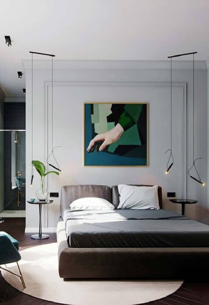 quarto moderno decorado com pendentes minimalistas e moldura de parede Foto Pinterest