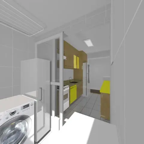 Área de serviço planejada com armário branco e revestimentos claros Projeto de Marina Zagatti Casquet