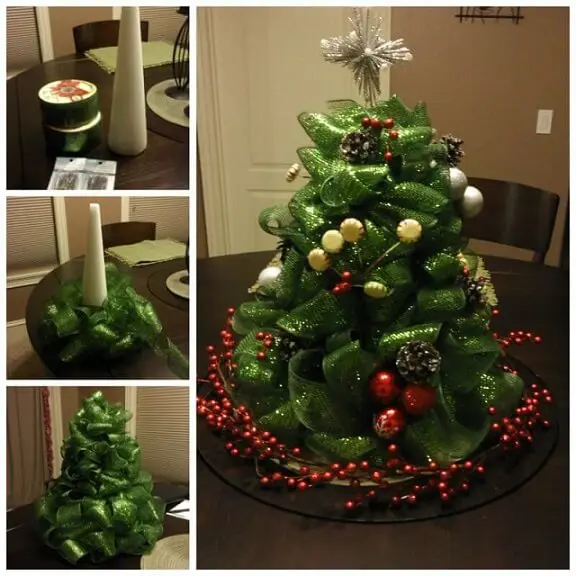 Árvore de natal artesanal com fita verde brilhosa Foto de Wonderful DIY