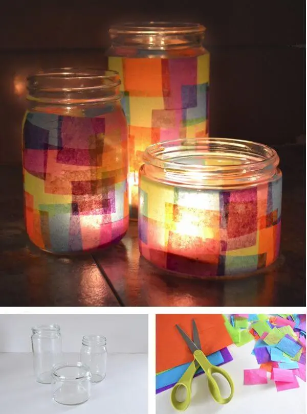 Potes de vidro com colagem de papéis coloridos Foto de Pinterest