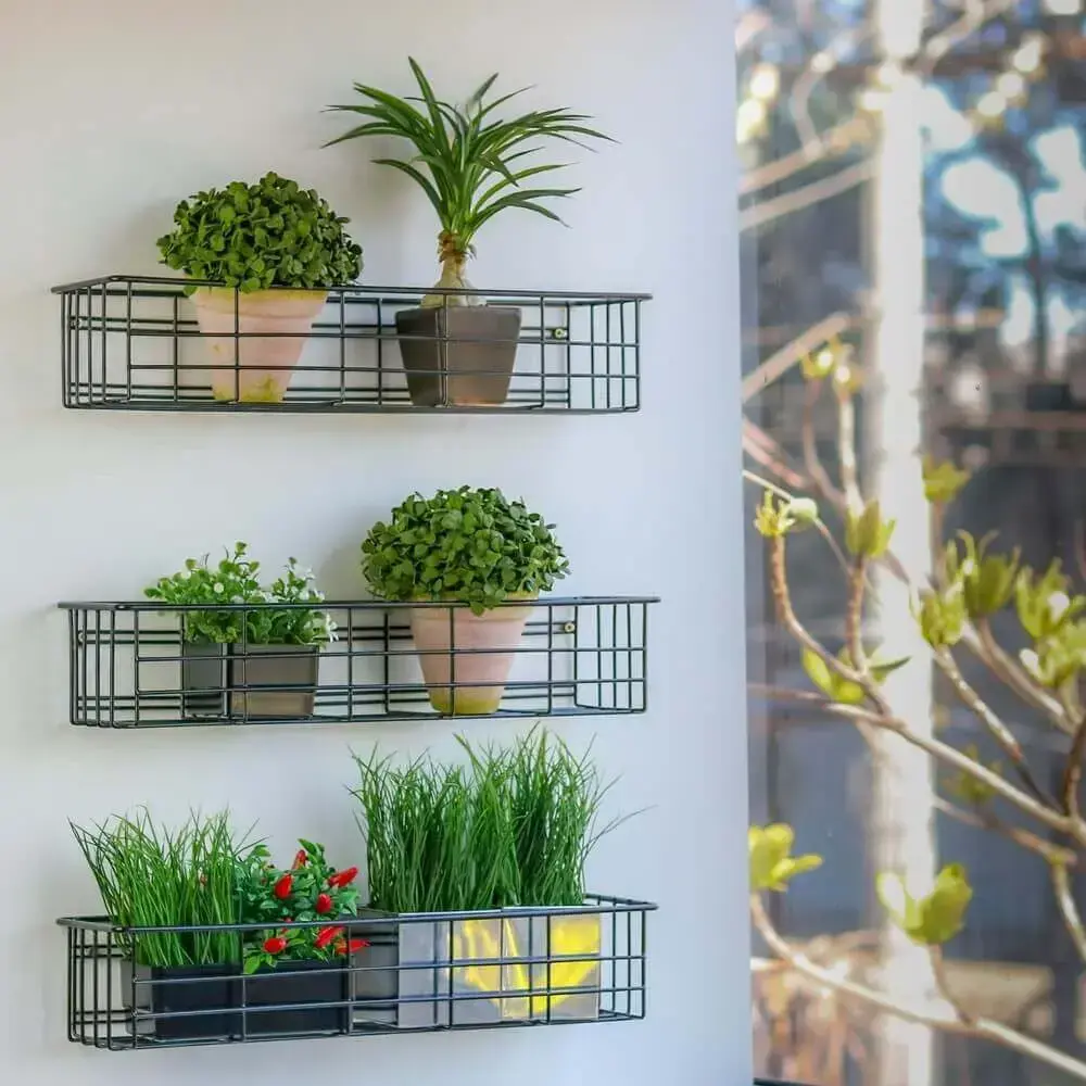 cesto aramado para decoração de varanda com pequenos vasos de plantas Foto PicBubble