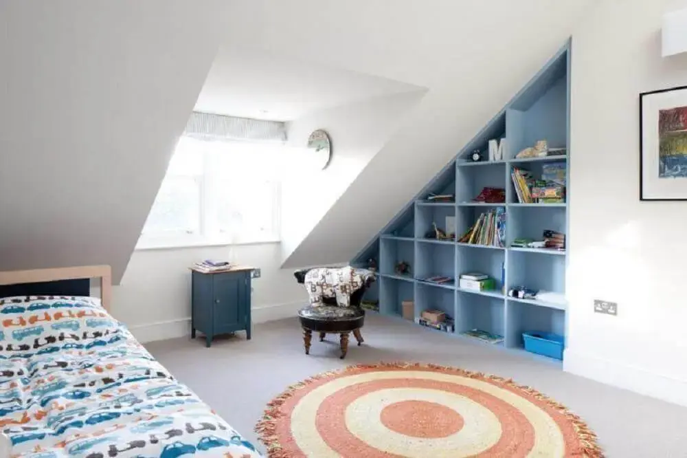 decoração com tapete redondo para quarto de solteiro Foto Quartet Architecture