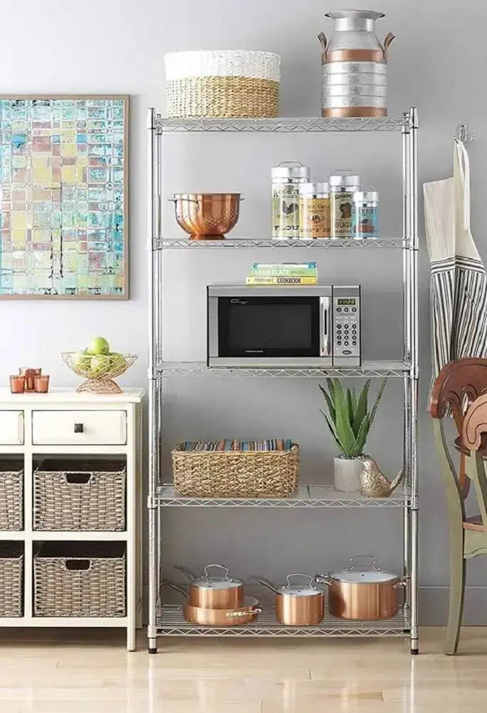 decoração de cozinha com estande de aramado Foto Pinterest
