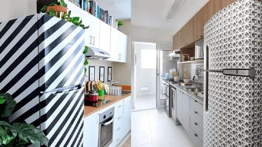 decoração de cozinha com geladeira adesivada preto e branco