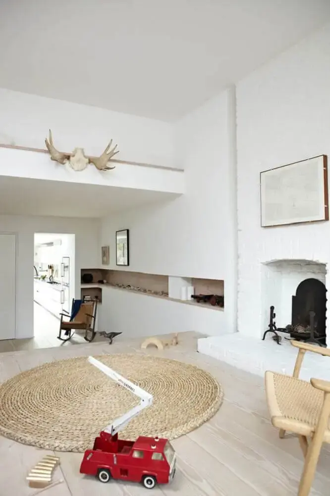 decoração estilo escandinava para sala com tapete redondo de barbante Foto Kitchen Decor