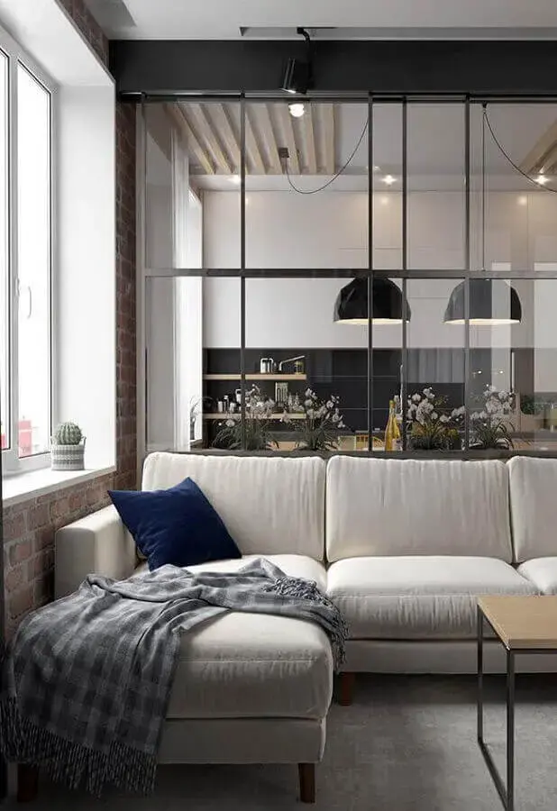decoração estilo industrial para sala com manta para sofá de canto cinza Foto Pinterest