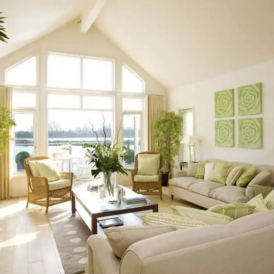 decoração para sala de estar na cor marfim e verde Foto Principia Design