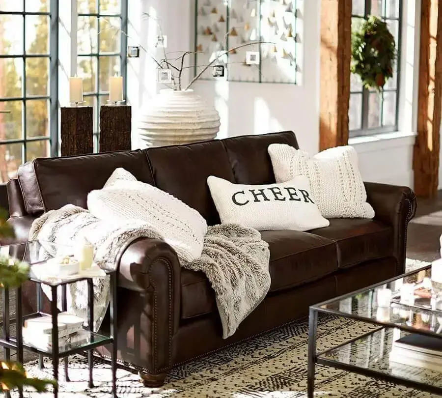 modelo de manta para sofá de couro marrom Foto Corner Decor
