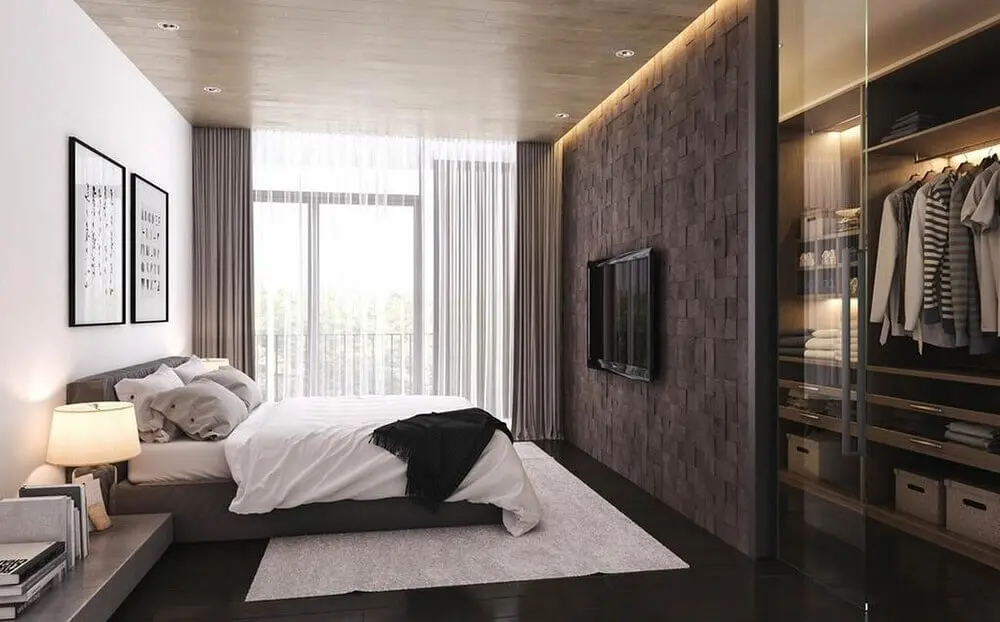 modelo de quarto com closet com decoração moderna com porta de correr de vidro e cama japonesa Foto Vivek Furniture