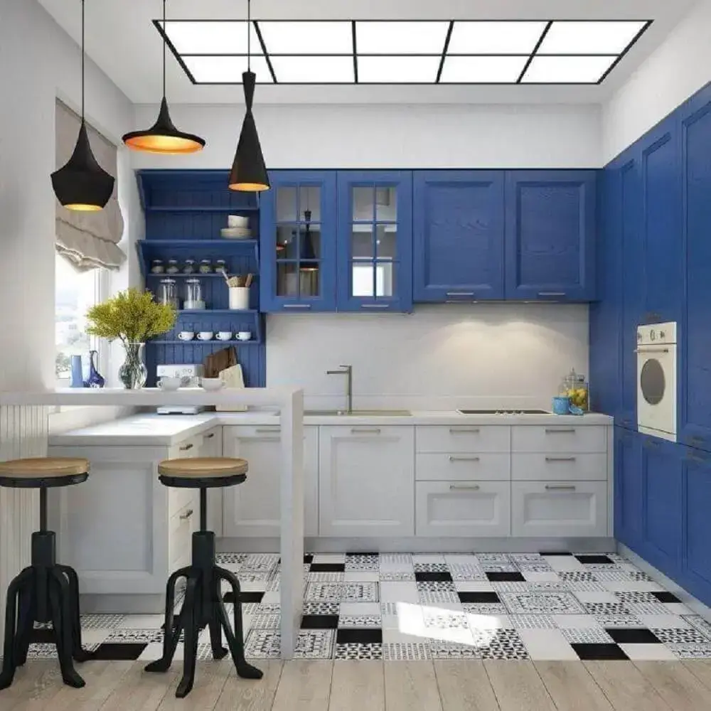 piso estampado para decoração de cozinha azul e branco Foto Tatarintseva Design