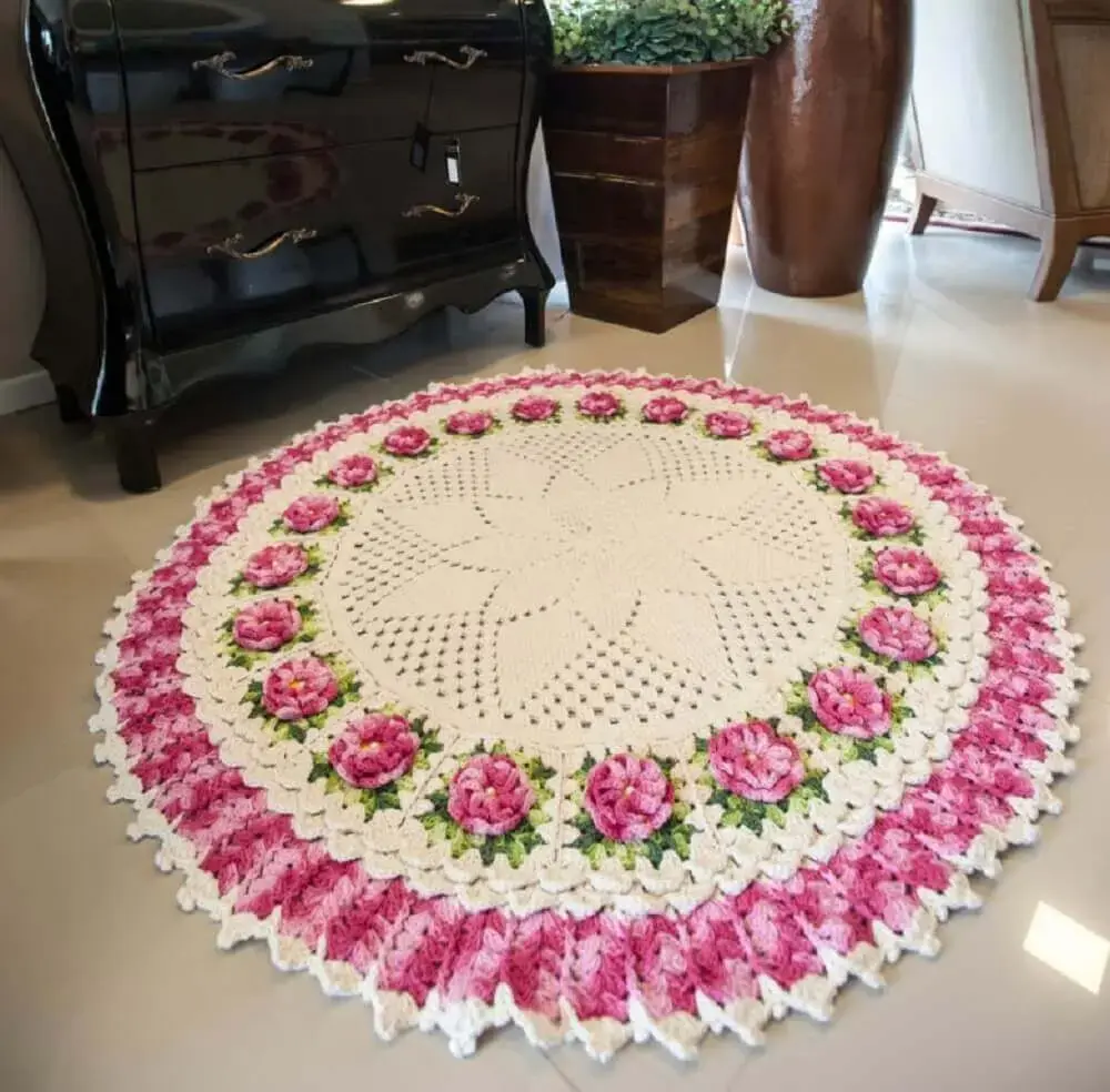 tapete de crochê redondo com flores Foto Blog Tricolinhas