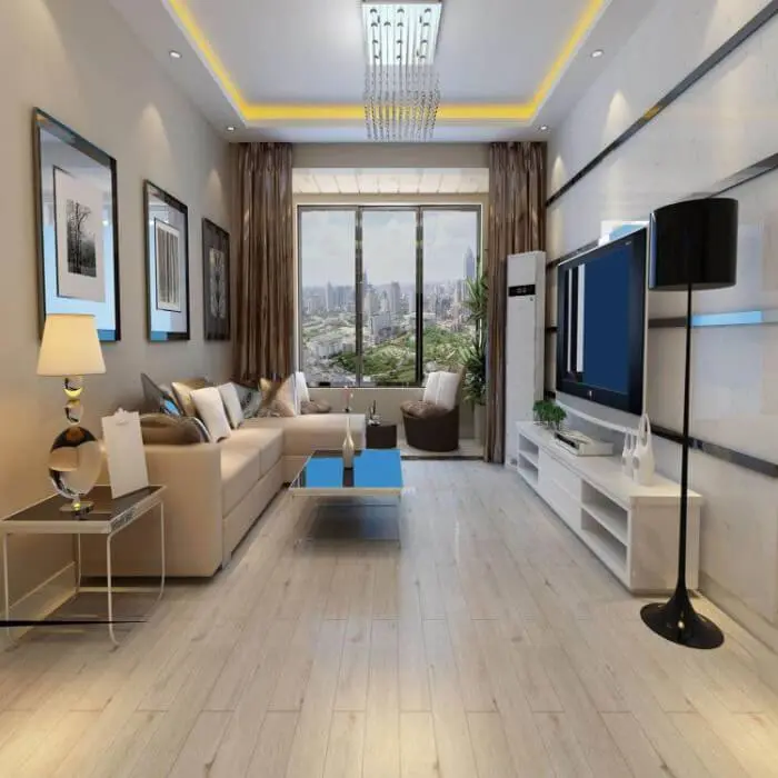 Sala de TV com piso vinílico claro e decoração sofisticada Foto de Hed Revestimentos