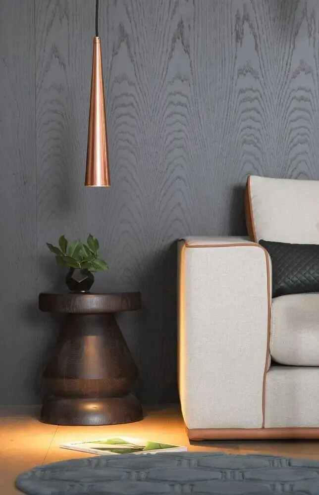 decoração rose gold para sala moderna com parede cinza e pendente minimalista Foto Pinterest