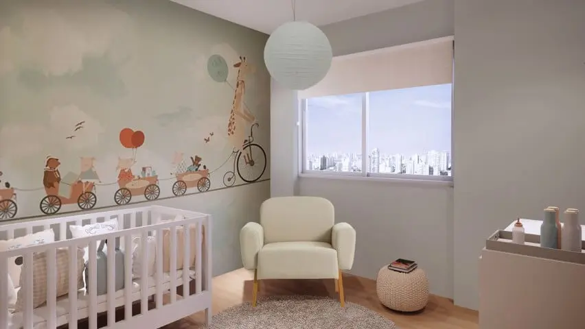 Quarto de bebê menino com papel de parede divertido com animais Projeto de Gabriela Hajale Marques