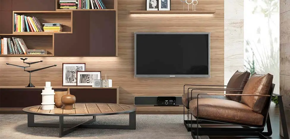 Sala de estar com móveis de madeira painel de TV Foto de Duratex Madeira
