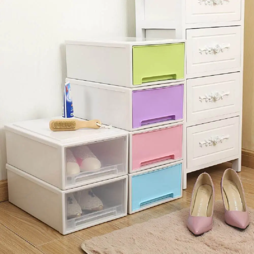 caixa organizadora plastico com tampa colorida para organização de sapatos Foto DHgate