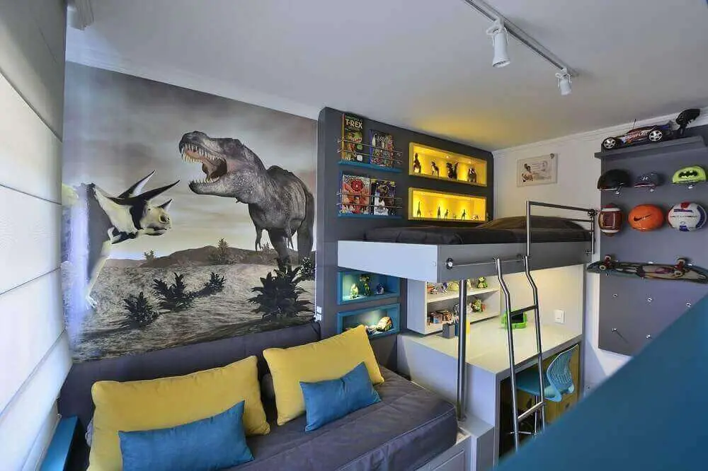 decoração para quarto de solteiro moderno com beliche e adesivo de dinossauros na parede Foto BG Arquitetura