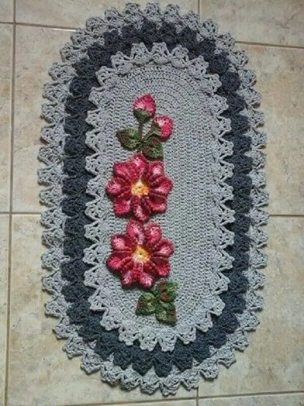 modelo simples de tapete crochê oval com flor Foto Pinterest