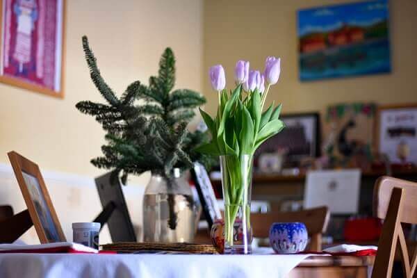 Tulipa roxa na mesa da sala de jantar