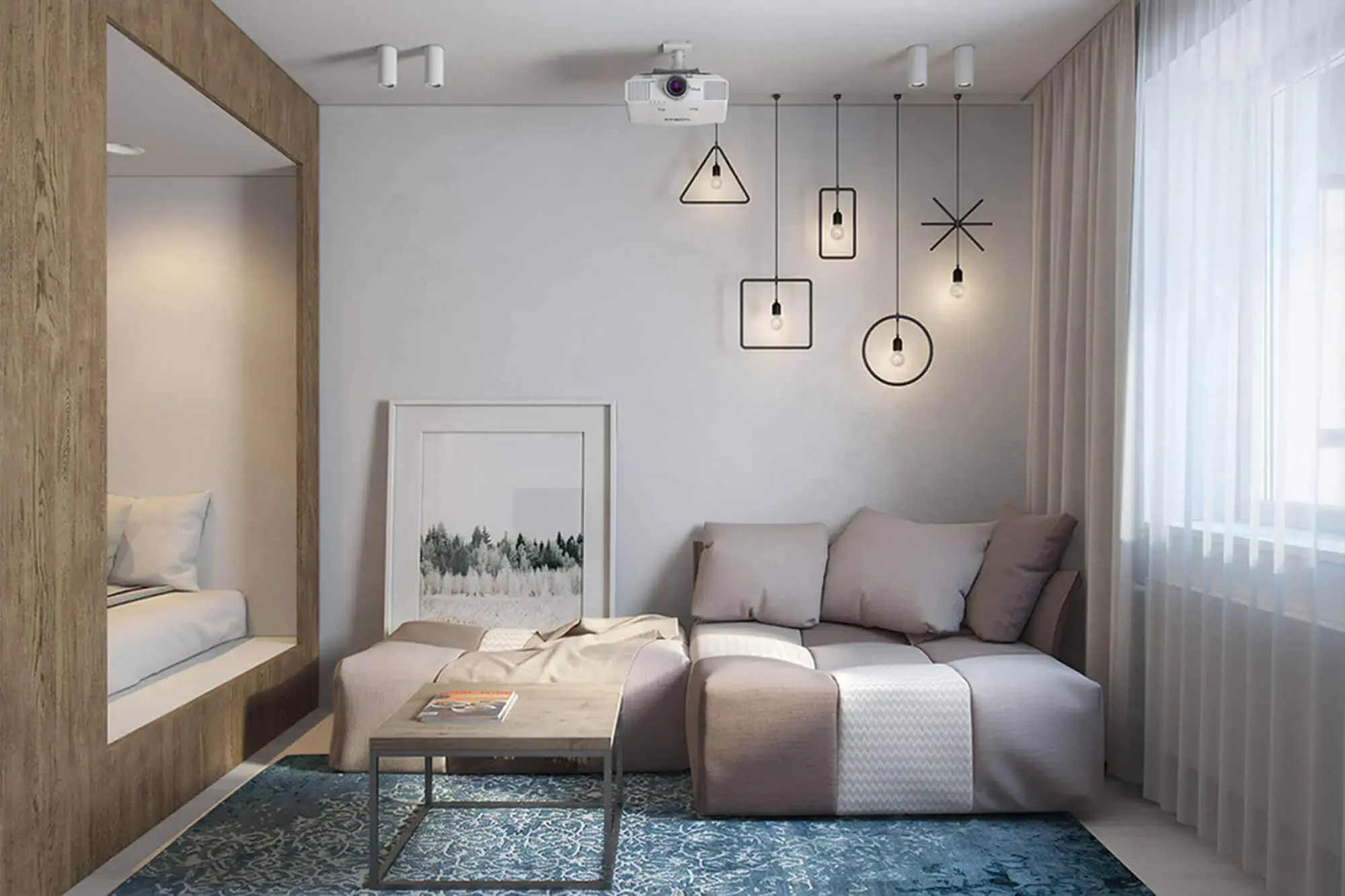 decoração com sofás camas modernos e várias luminárias pendentes diferentes Foto DIKA estudio