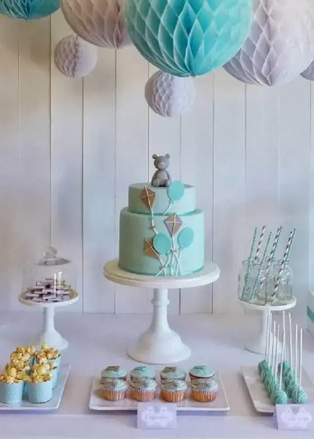 Blue and gray boy birthday decoration with two tier cake with teddy bear on top Photo Air Freshener