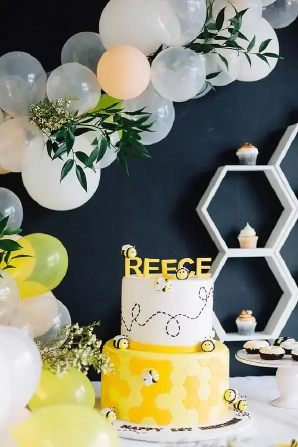 Black yellow and white birthday decoration with little bee theme and two story cake with custom decoration Photo Pinterest