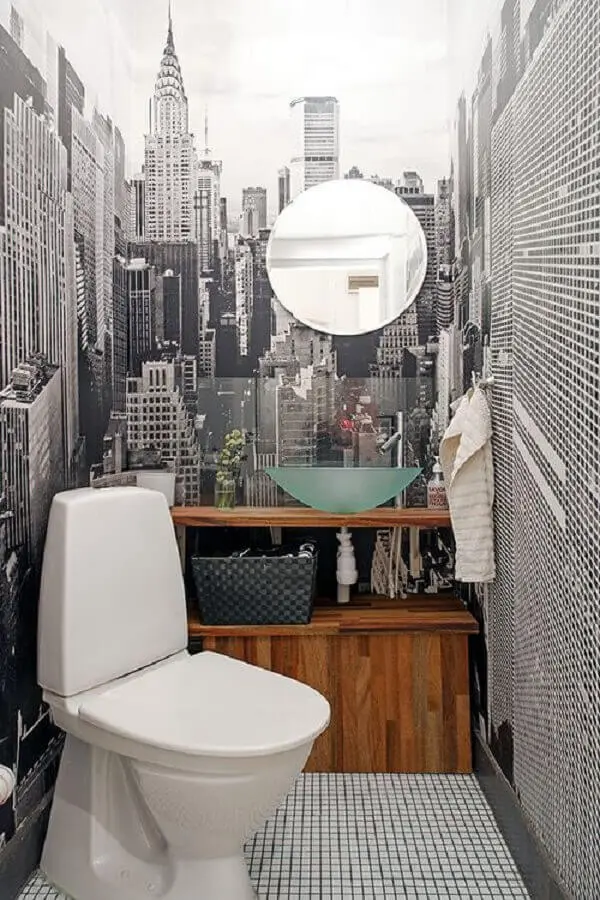cuba de vidro para lavabo decorado com armário de madeira e adesivo de parede Foto Yandex