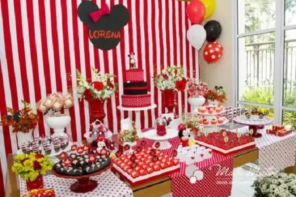 Invest in a striped red and white panel to decorate Minnie's party