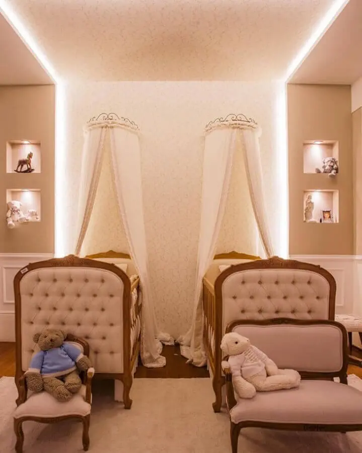 decoração em tons neutros para quarto de gêmeos com estilo quarto de princesa Foto Rebeca de França Arquitetura